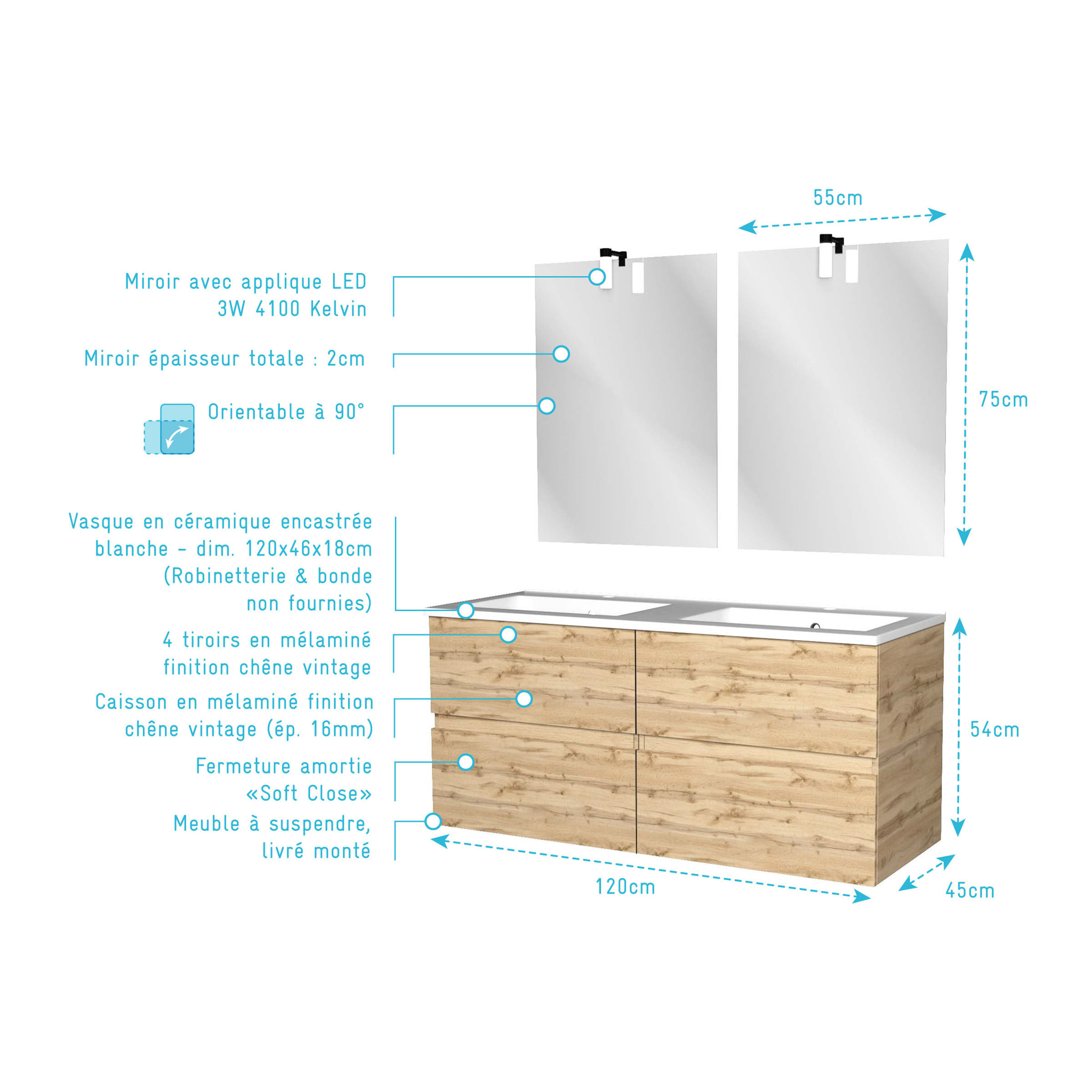Meuble Salle de Bains 120cm 4 Tiroirs Chêne Naturel + Vasque Blanche + Miroirs avec appliques Led