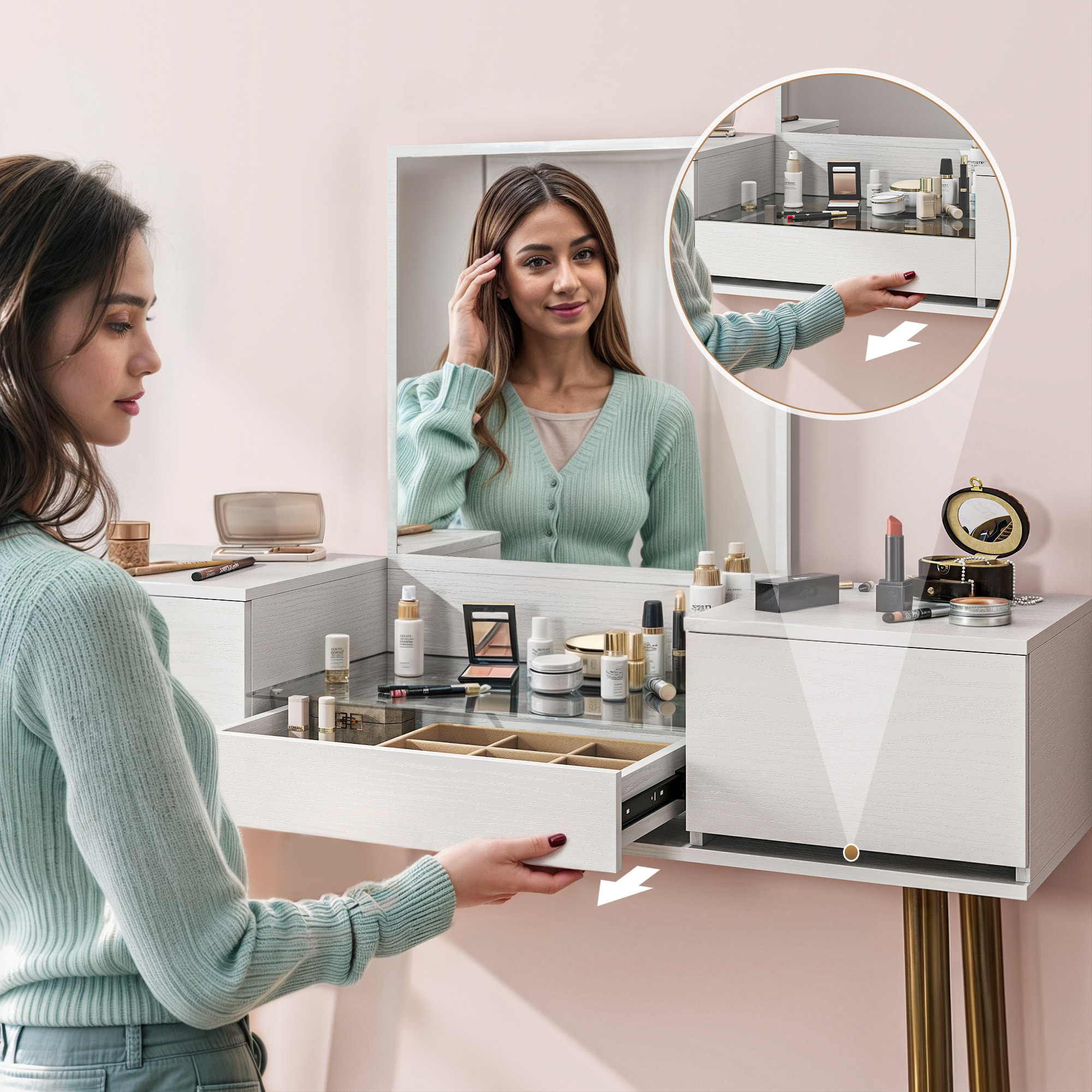 Tocador de Maquillaje con Espejo Tocador con Encimera de Vidrio Templado Visible 3 Cajones Mesa de Maquillaje Moderna para Dormitorio Blanco