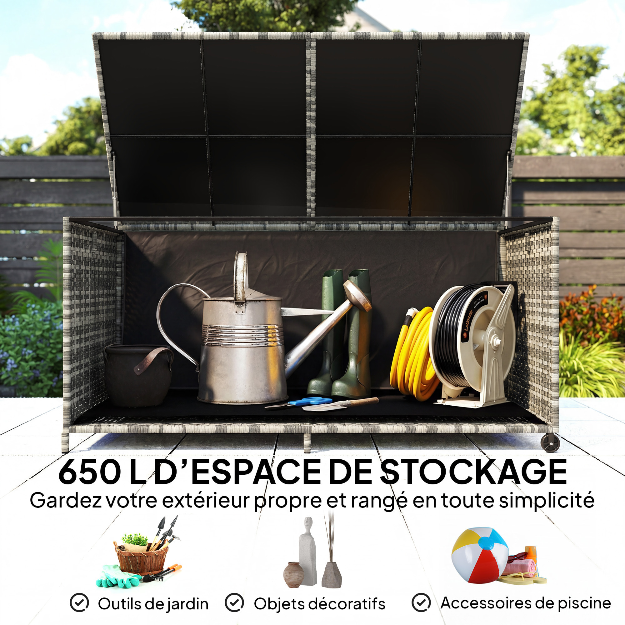 Coffre de jardin résine tressée 650L doublure zippée vérins pneumatiques gris