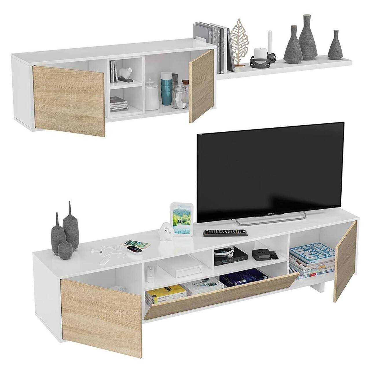 Parete attrezzata Angora, Mobile da soggiorno porta TV, Composizione set salotto, Set salotto con pensile, 260x41h46 cm, Bianco lucido e Rovere