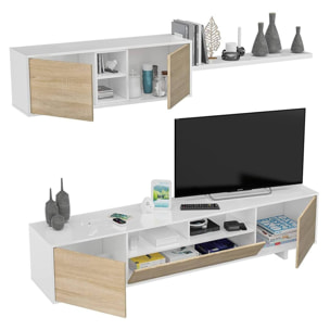 Parete attrezzata Angora, Mobile da soggiorno porta TV, Composizione set salotto, Set salotto con pensile, 260x41h46 cm, Bianco lucido e Rovere