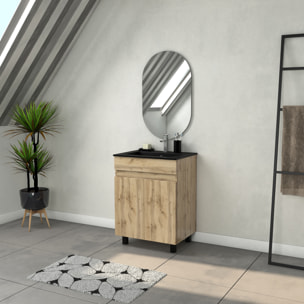 Meuble Salle de Bains 60cm 2 Portes Chêne Naturel + Vasque Noire et Miroir Ovale