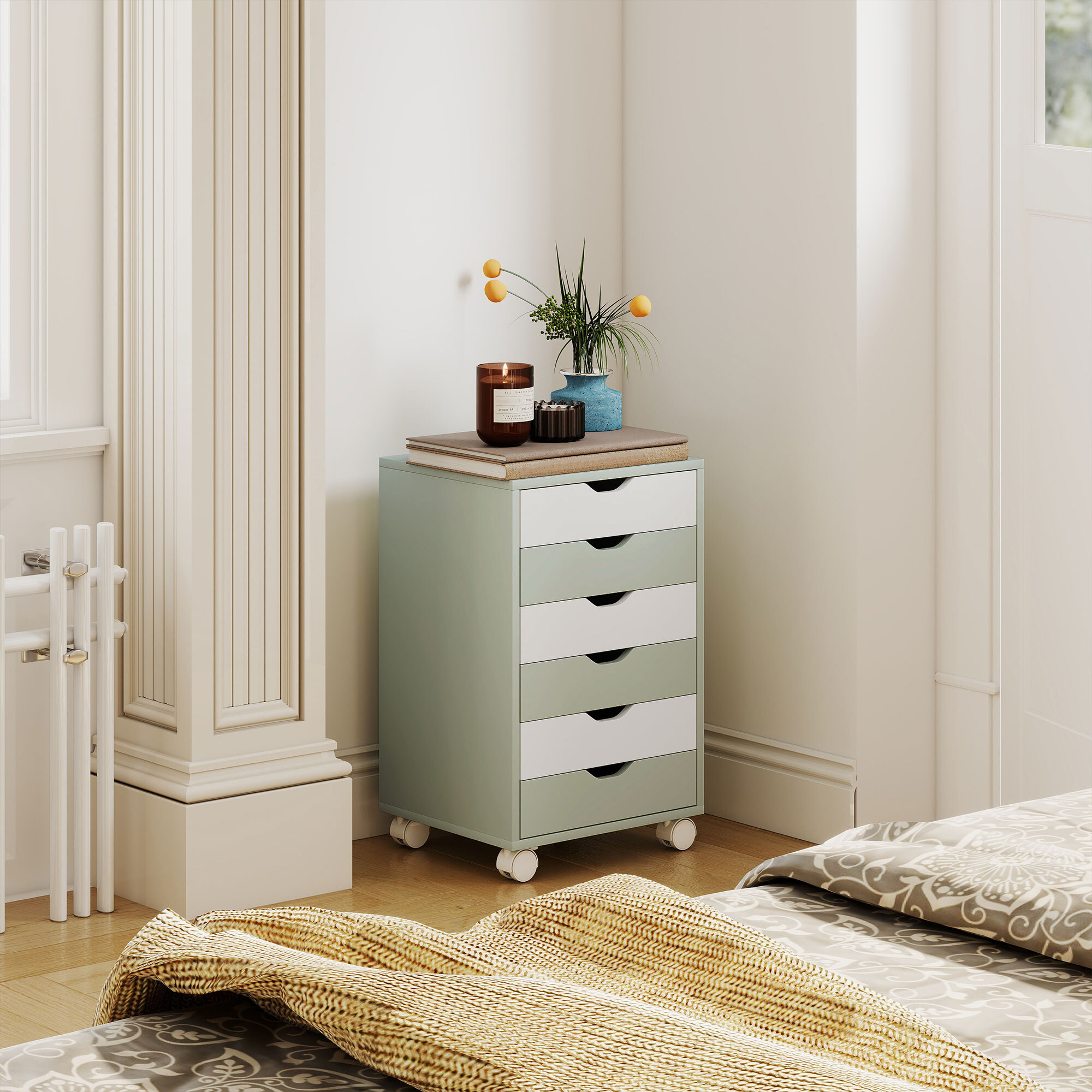 Cajonera Escritorio, Archivador Móvil con 6 Cajones, Soporte para Impresora con Ruedas, Guías Deslizantes Silenciosas, para Oficina, Casa, Verde y Blanco