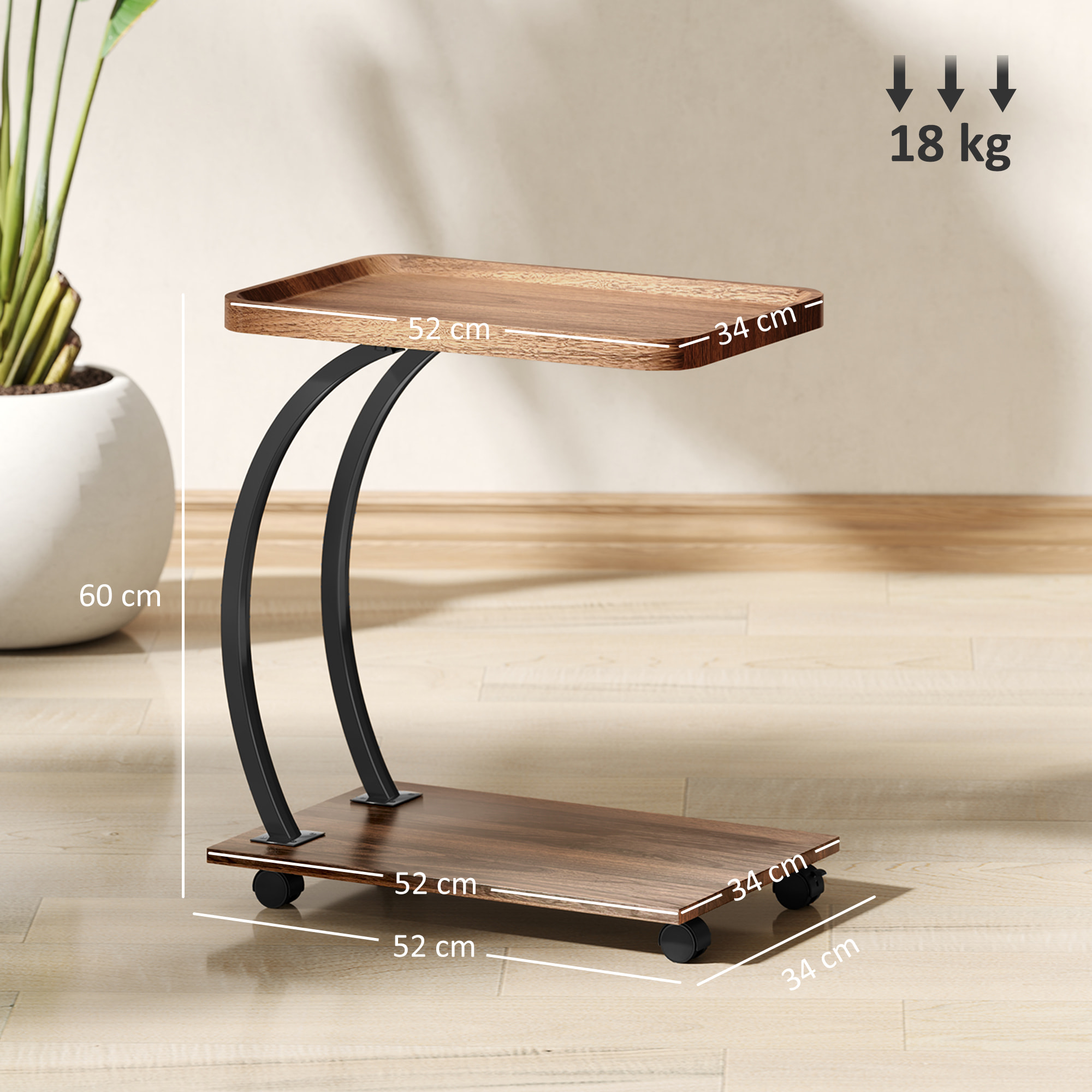 Mesa Auxiliar con Ruedas Mesa para Sofá con Bandeja Superior Estante Estructura de Acero Mesita Auxiliar para Salón Dormitorio Marrón