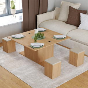 Table basse Tania 2 en 1 avec plateau dépliant et 4 assises