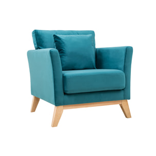 Fauteuil scandinave déhoussable en tissu velours bleu pétrole et bois clair OSLO