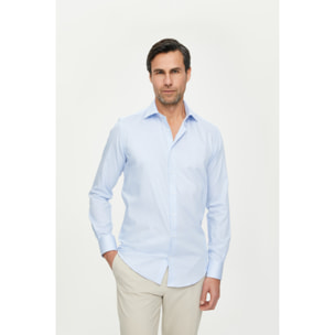 Camicia Uomo 1 Bottone Francese Slim Cotone Riga Stretta Celeste/Bianco