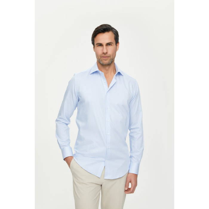 Camicia Uomo 1 Bottone Francese Slim Cotone Riga Stretta Celeste/Bianco