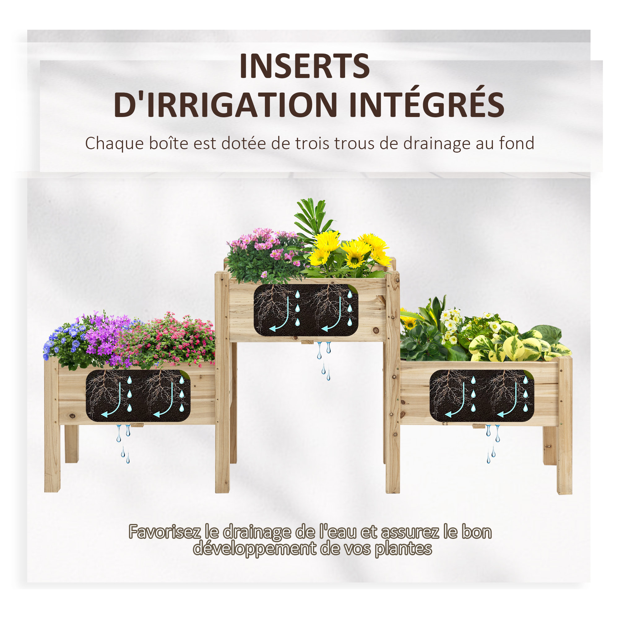 Jardinière sur pieds carré potager 2 étages dim. 184L x 45l x 80H cm inserts d'irrigation bois sapin pré-huilé