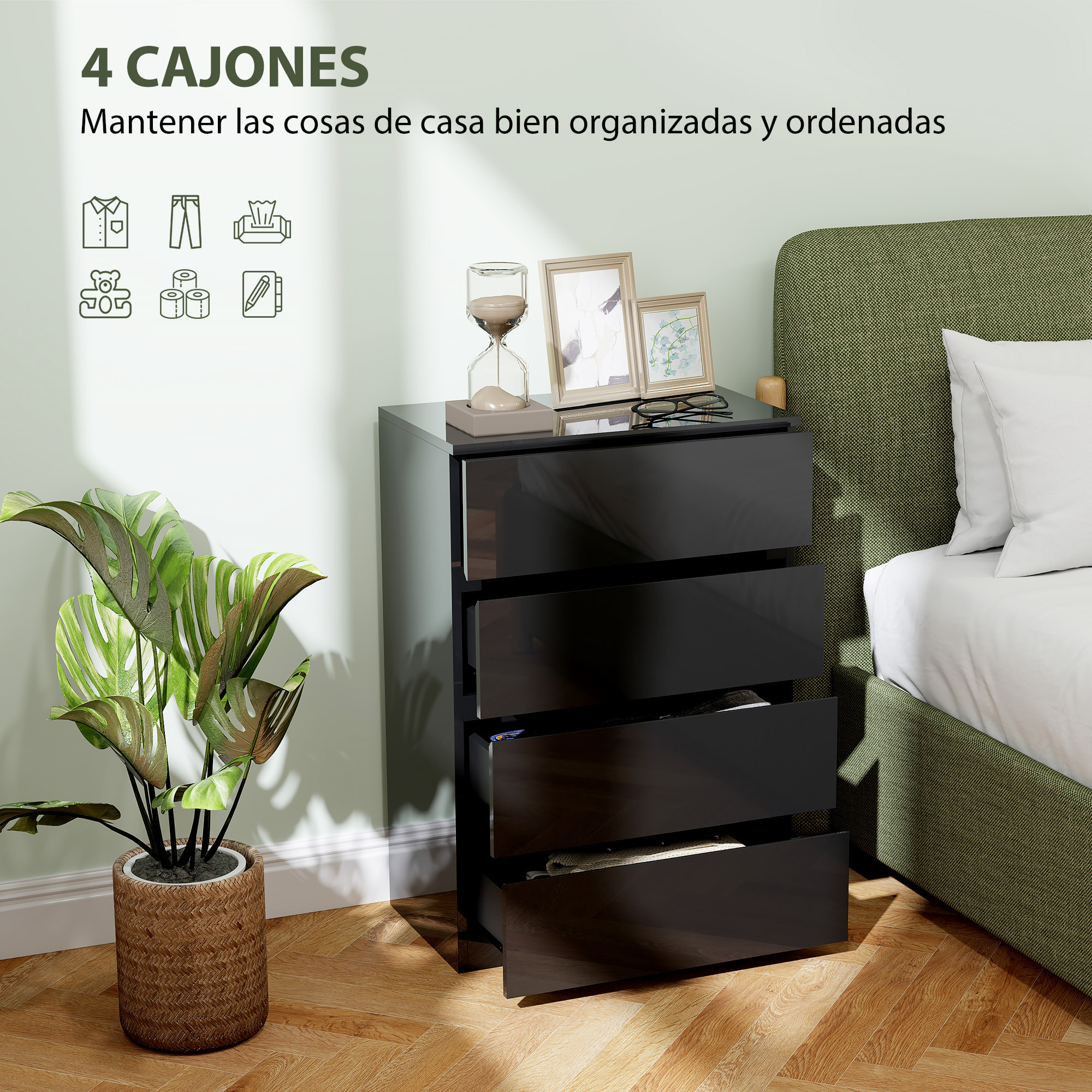 Cómoda con 4 Cajones Cómoda de Dormitorio Moderna con Diseño Anti-vuelco Cajonera para Salón Pasillo 55x34x80 cm Negro Brillo