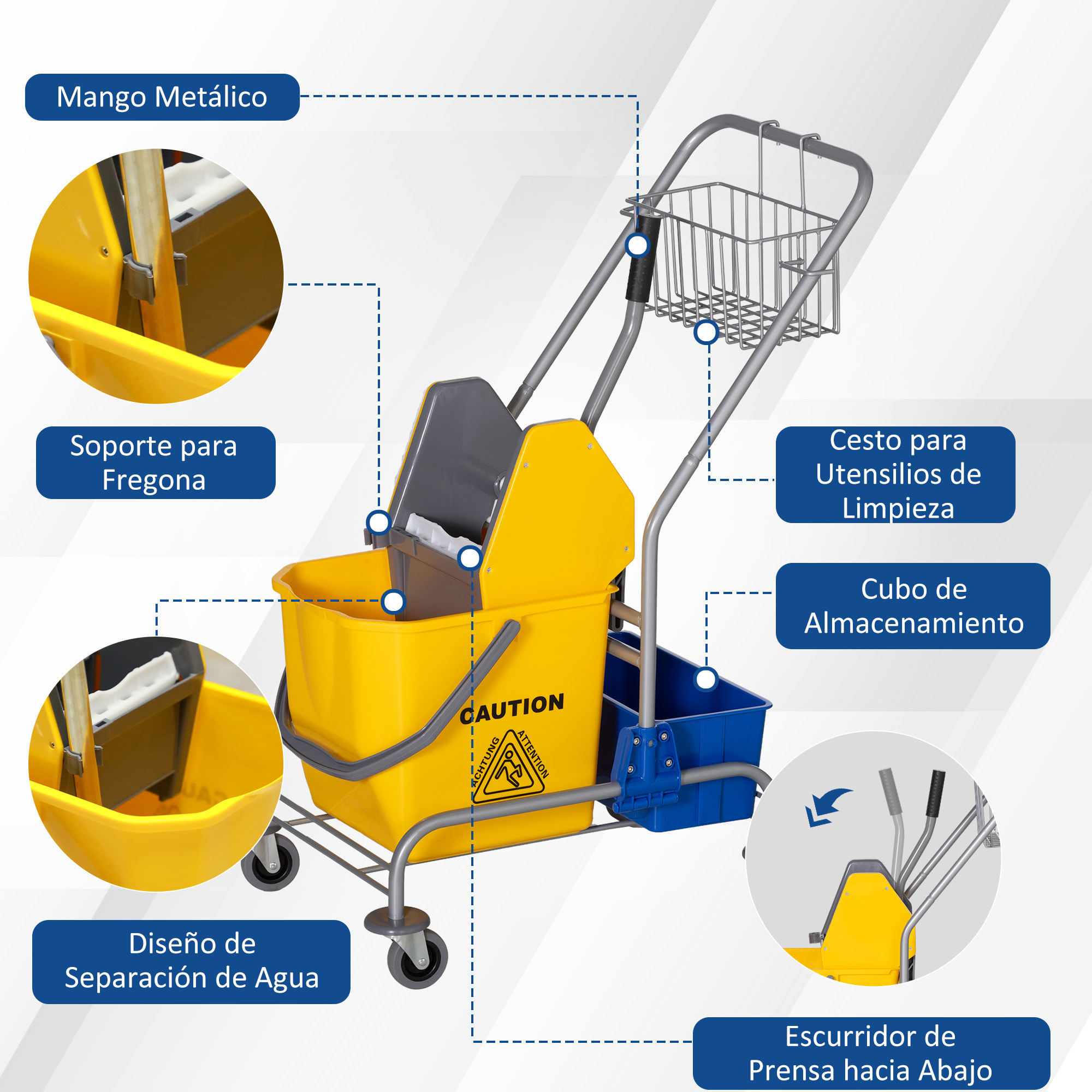 Carro de Limpieza Carro de Servicio con Cubos de Fregona de 25L Escurridor Cubeta y Estantes para Hotel Oficina 72x49,5x95 cm Amarillo