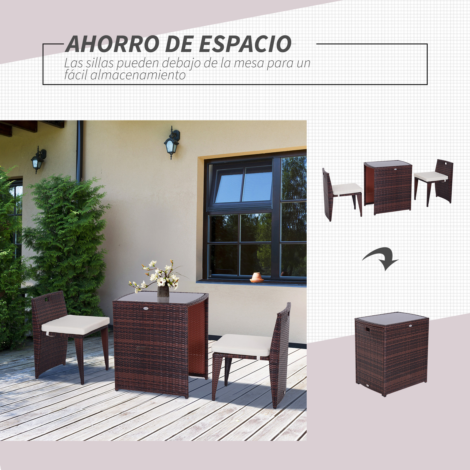 Conjunto Mesa+2 Sillas Exterior de Ratán Sintético Marrón