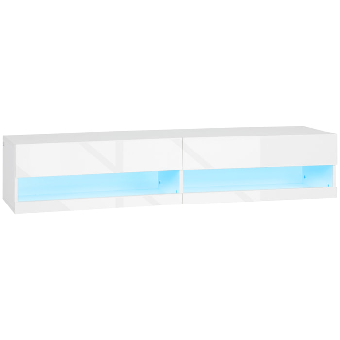 Meuble TV mural LED - banc TV flottant - 2 portes battantes - dim. 150L x 40l x 30H cm - blanc laqué