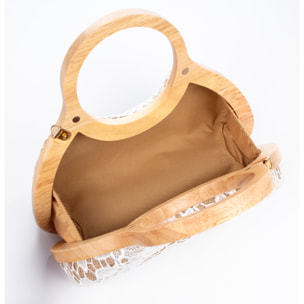 Avisio bolso de mano fabricado en madera natural, algodón y jute con diseño malla de tejido floral