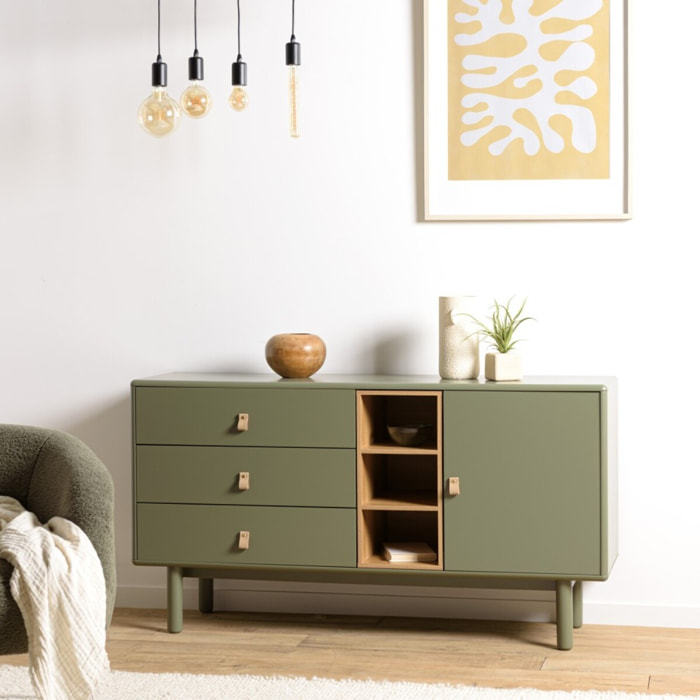 ETHAN - Buffet 1 porte 3 tiroirs 3 niches bois naturel vert