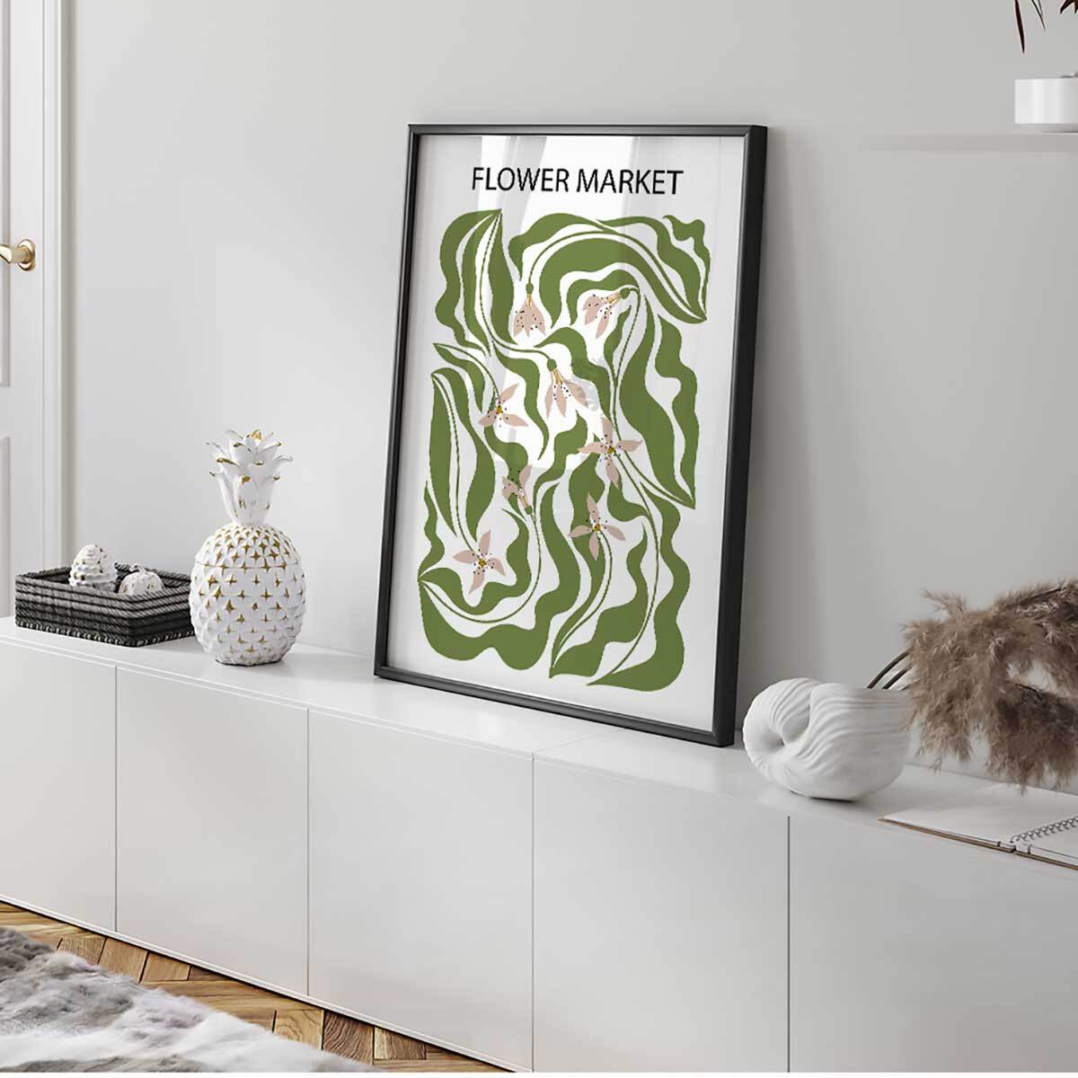 Affiche encadrée fleurs vertes stylisées Affiche + cadre en métal - Noir