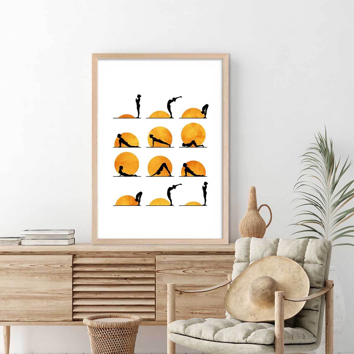 Affiche graphique Yoga sun Affiche + cadre en bois - Chêne