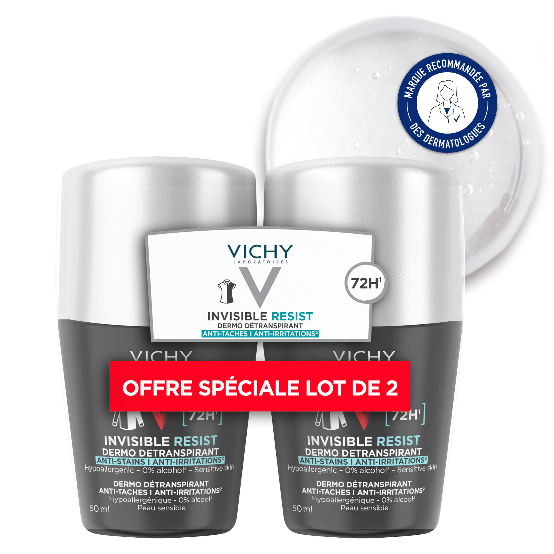 Lot*2 Vichy Homme Dermo-détranspirant Invisible Protect 72h 50ml