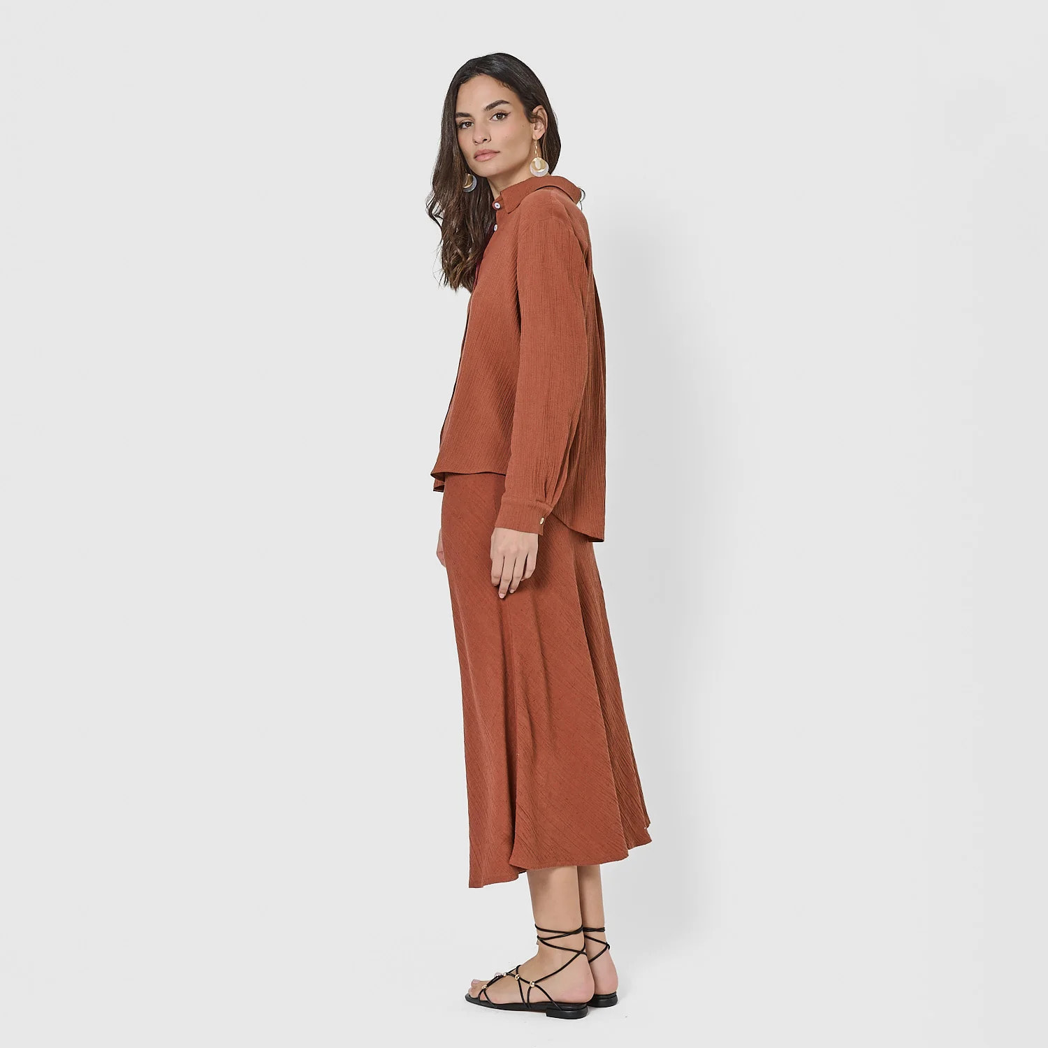 Falda midi evasé algodón lino rosette