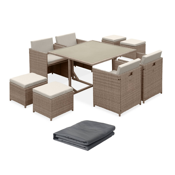 Table de jardin encastrable résine tressée + 8 assises + Housse de protection coussins beige. table encastrable