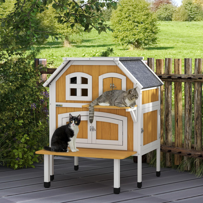 Casa para Gatos de Madera 78x82x93 cm Caseta para Gatos de 2 Niveles Refugio para Gatos con Techo Asfáltico Terraza y Plataforma de Salto Natural