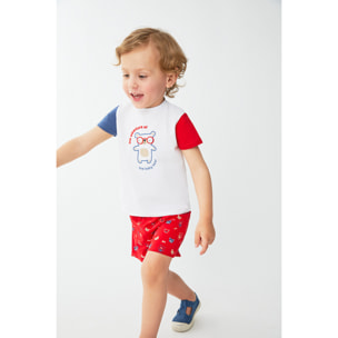 Conjunto Bebé Niño Camiseta Algodón Peinado con Mangas Bicolor y Estampado “Baby Bear” + Pantalón Corto Estampado Rojo Suave y Transpirable | Color: Rojo | Street Monkey