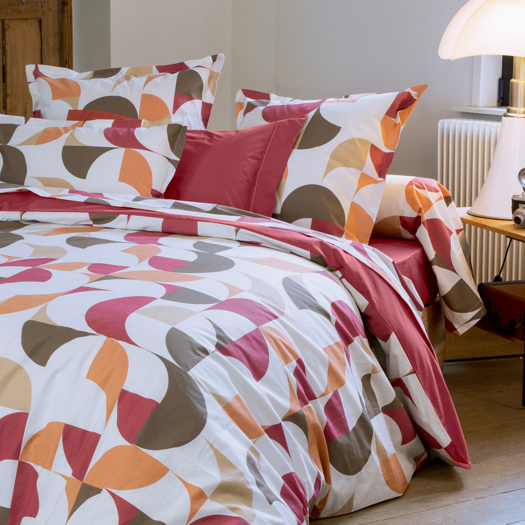 Parure de lit 3 pièces percale de coton géométrique housse + taies - Bordeaux