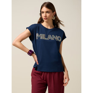 Oltre - T-shirt in jersey con ricamo lettering - Blu