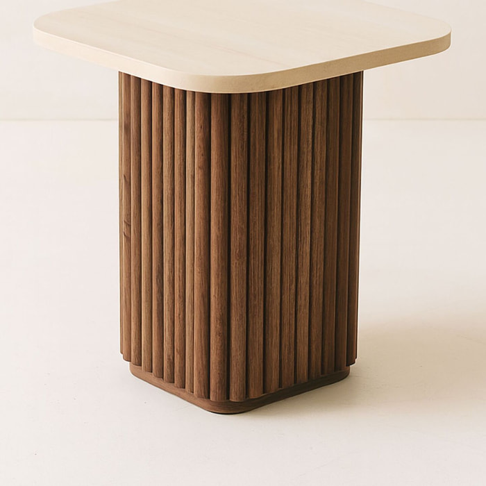 Table d'appoint carré effet travertin et pied effet noyer 40cm