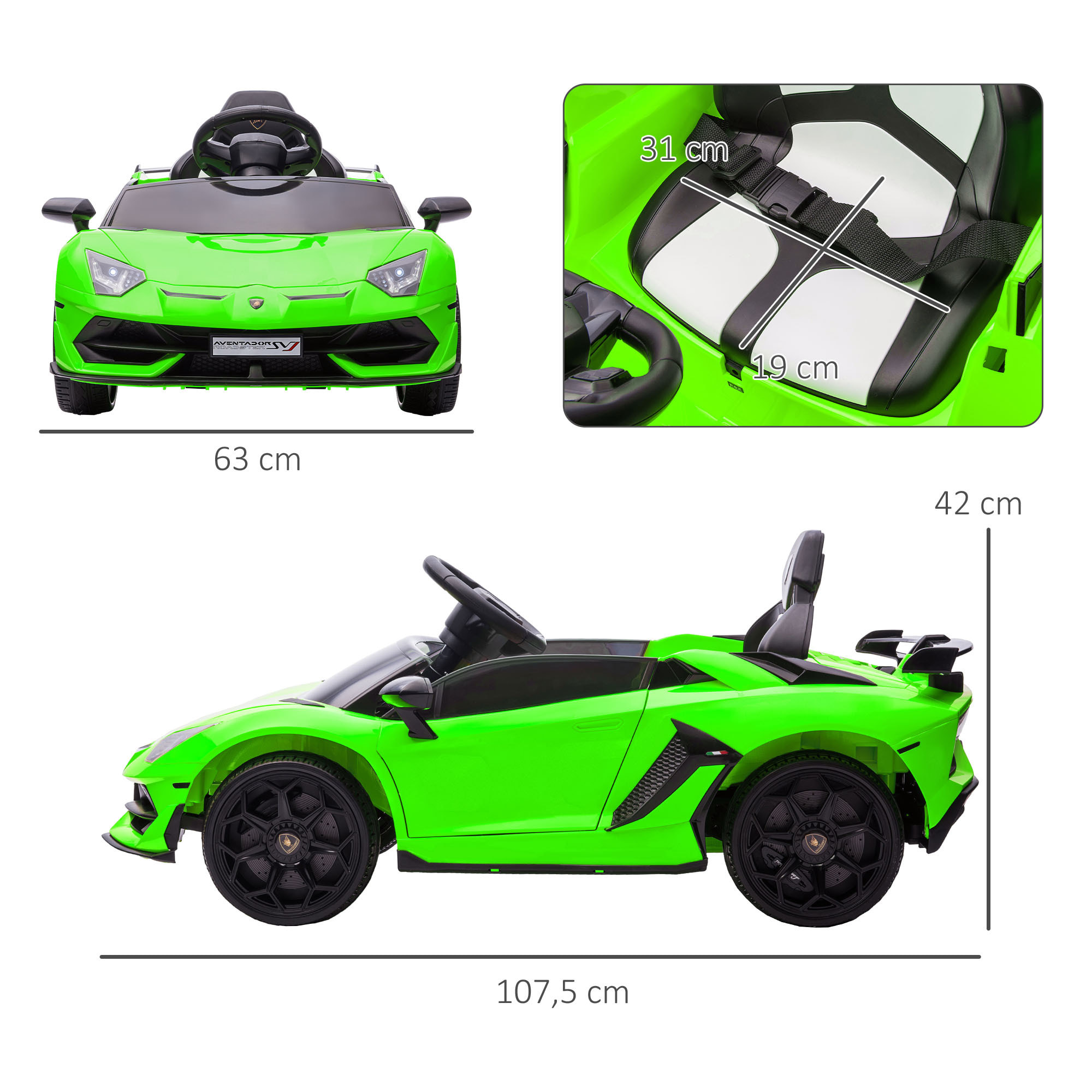 Voiture électrique enfant licence Lamborghini Aventador roadster SVJ télécommande effets sonores lumineux vert