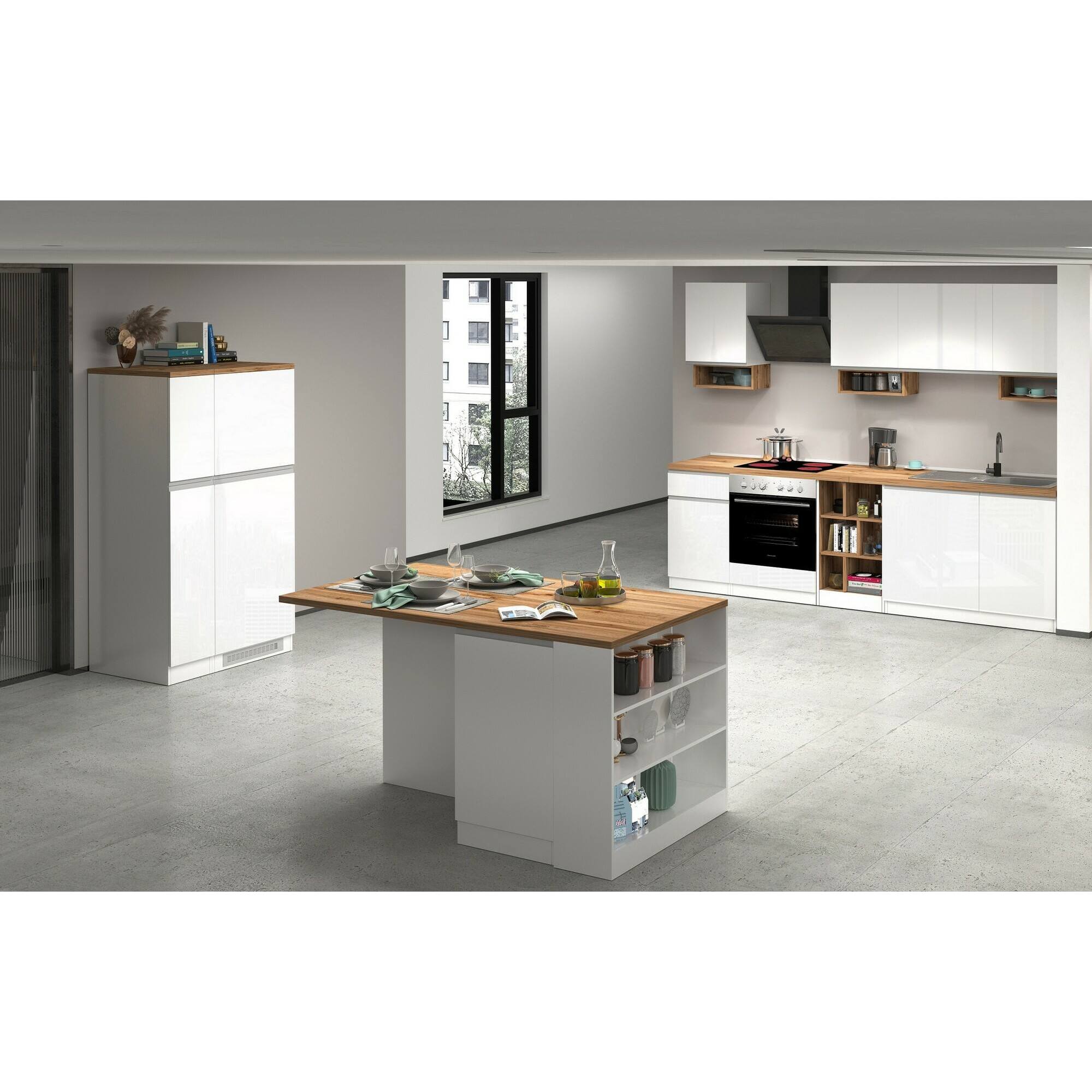 Isola da cucina Dcannaval, Tavolo ausiliario portaoggetti, Mobile da cucina a 2 ante, 100% Made in Italy, 160x90h90 cm, Bianco lucido e Rovere