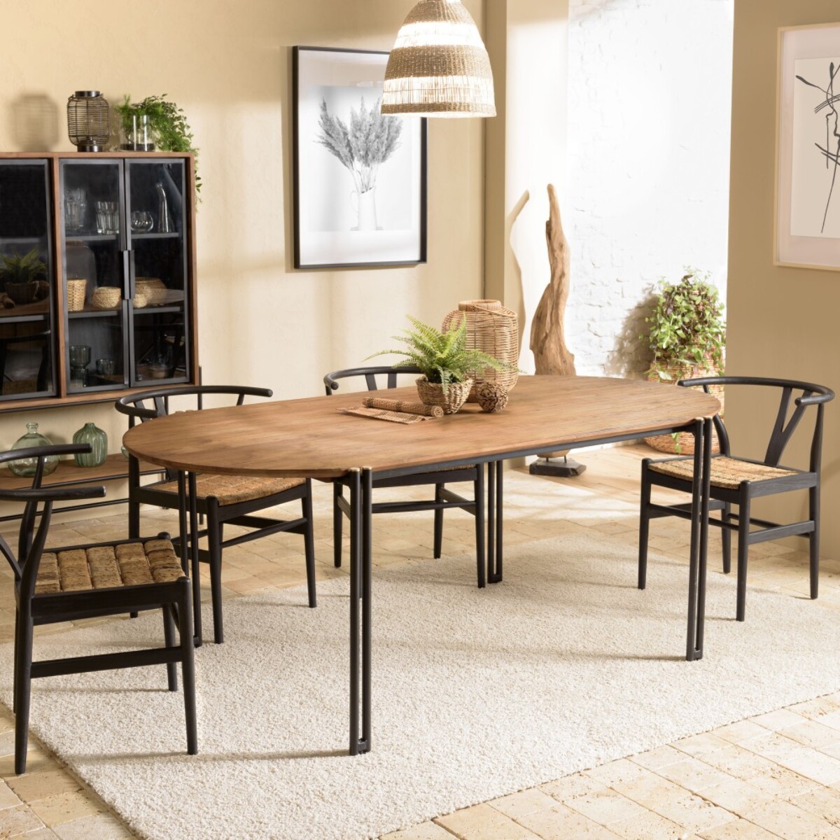 SIXTINE - Table à manger ovale 200x105cm plateau bois de teck recyclé