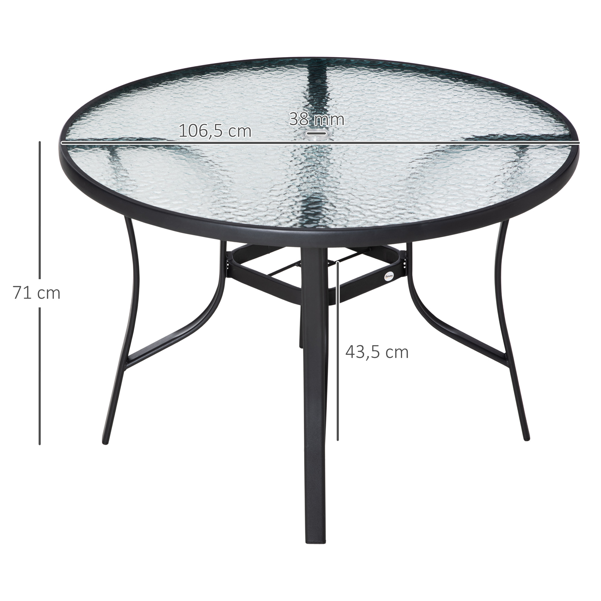 Mesa de Cristal de Jardín con Agujero para Sombrilla Mesa para Comer Redonda con Marco de Acero para Exterior Terraza Balcón Ø106,5x71 cm Negro