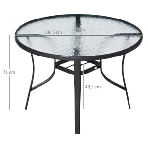 Mesa de Cristal de Jardín con Agujero para Sombrilla Mesa para Comer Redonda con Marco de Acero para Exterior Terraza Balcón Ø106,5x71 cm Negro