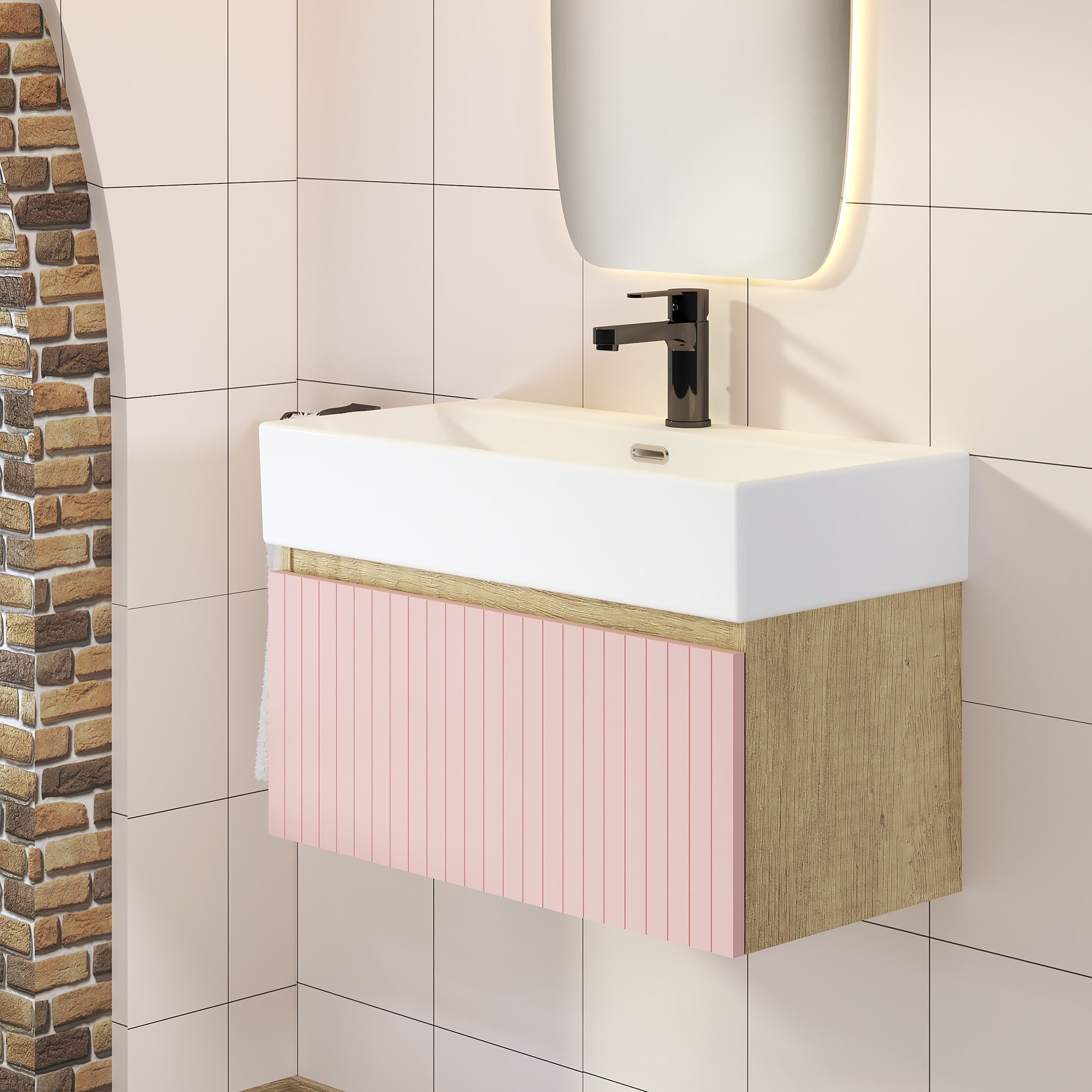 Ensemble de Salle de Bain Zel | Meuble Suspendu | 70 cm Rose | Un Tiroir | Lavabo Encastré | Miroir non inclus | Meuble Monté | Alday
