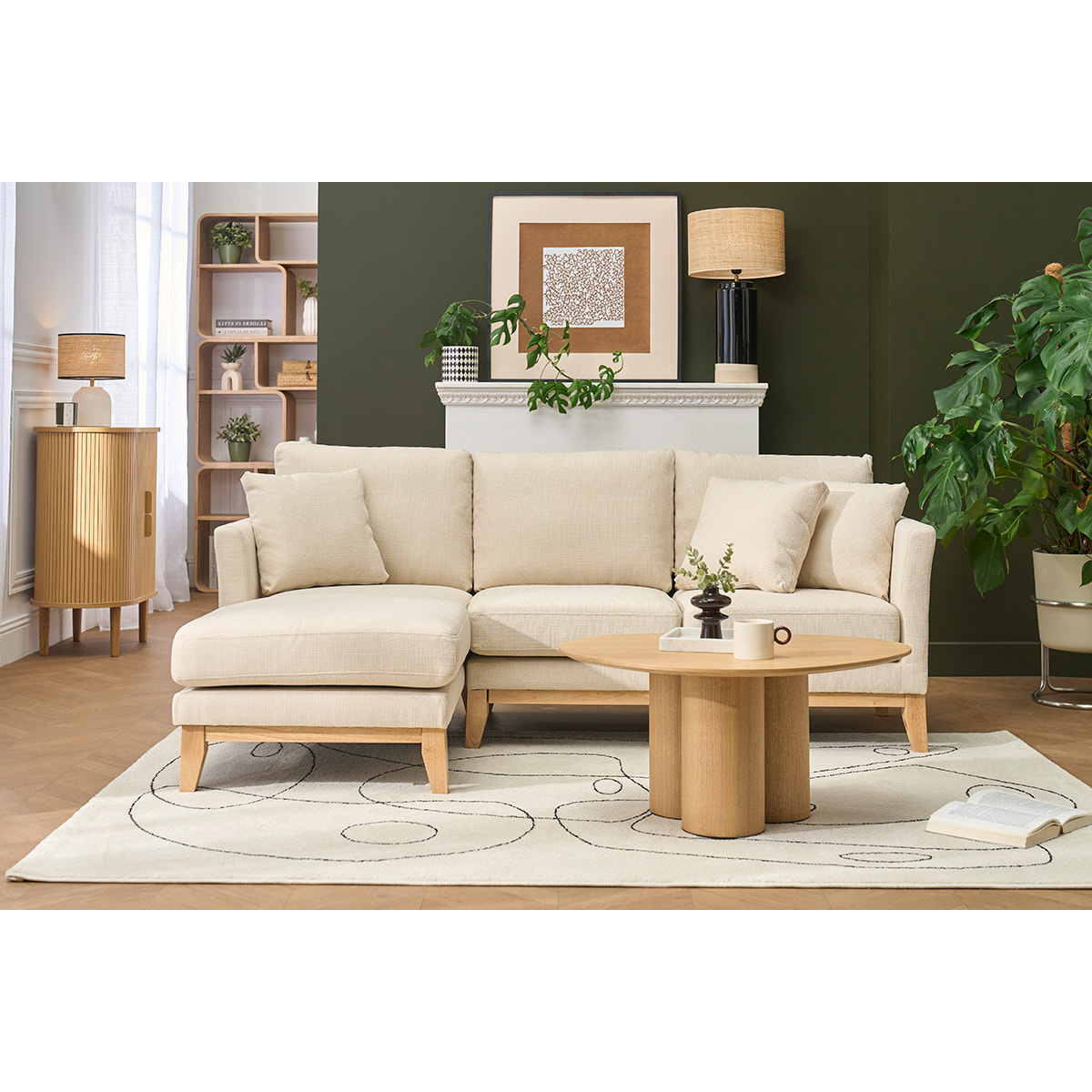 Canapé d'angle gauche scandinave en tissu beige déhoussable et bois clair 3-4 places OSLO