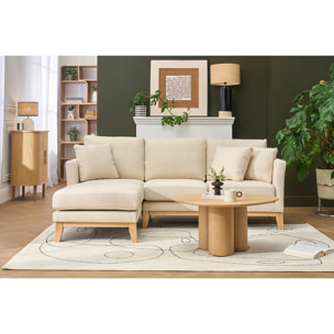 Canapé d'angle gauche scandinave en tissu beige déhoussable et bois clair 3-4 places OSLO