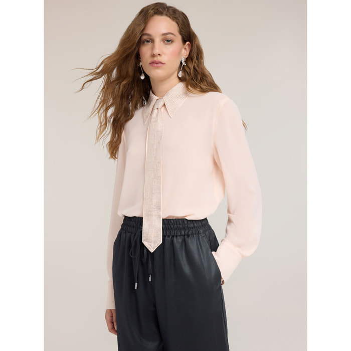 Motivi - Camicia in georgette con colletto e cravatta di strass - Rosa