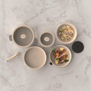 MasterPRO Share & Play Batería de cocina apilable de 10Pcs, Color Beige, Mango extraíble, Aluminio fundido, Revestimiento cerámico, Control térmico