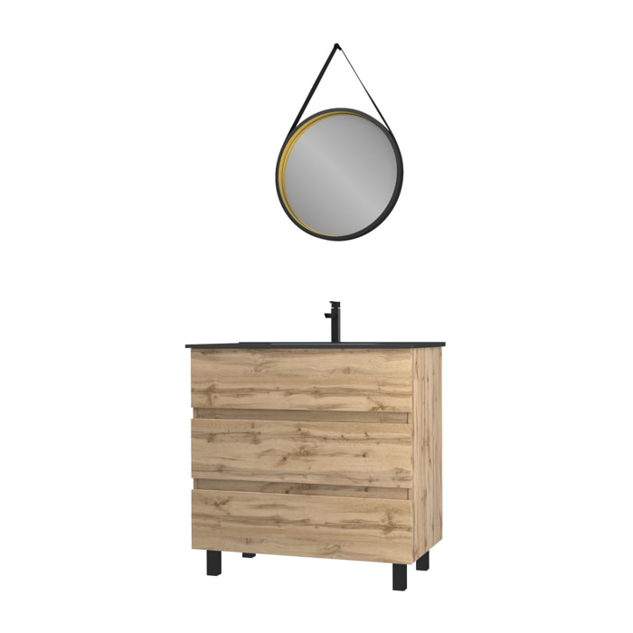 Pack Meuble SDB 80cm sur pieds 3 tiroirs Chene_Vasque noire + Miroir Barber - TIMBER 80_Pack44