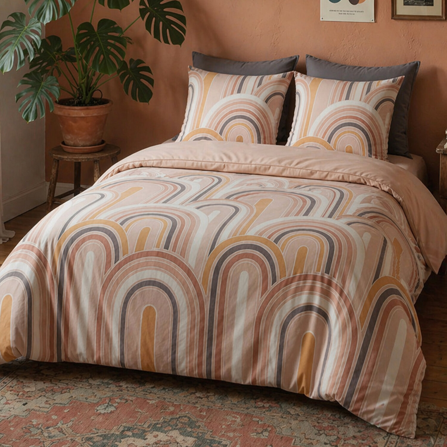 Parure housse de couette imprimé 100% coton - love - rose