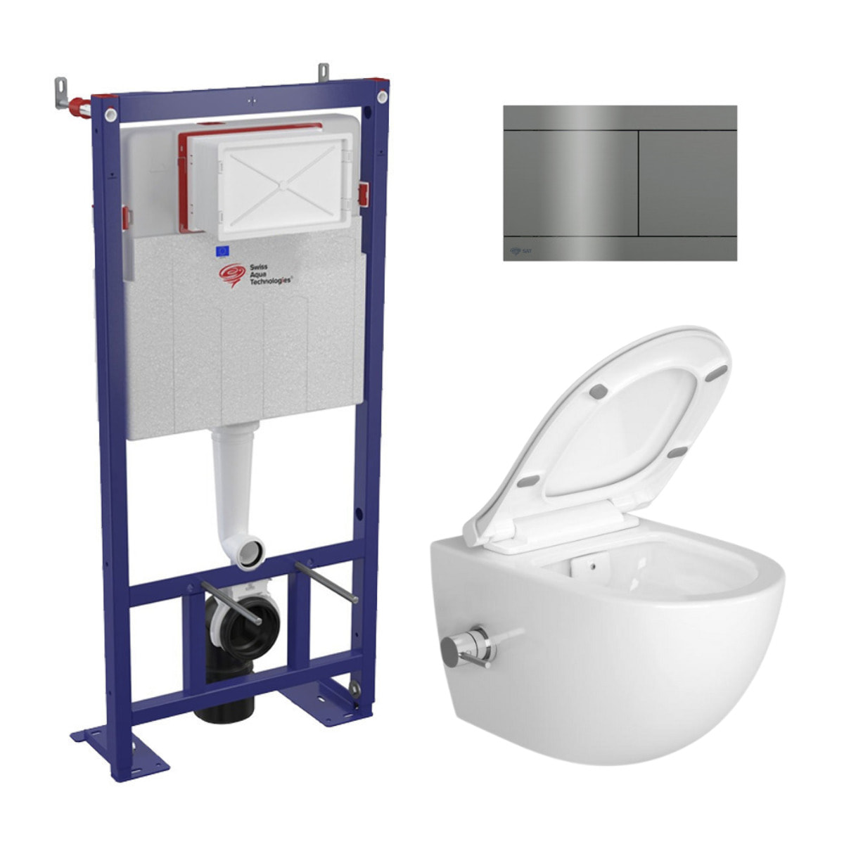 Pack WC bâti-autoportant + WC sans bride Infinitio avec bidet thermostatique + plaque en acier inoxydable, en PVD, Gun Metal