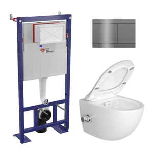 Pack WC bâti-autoportant + WC sans bride Infinitio avec bidet thermostatique + plaque en acier inoxydable, en PVD, Gun Metal