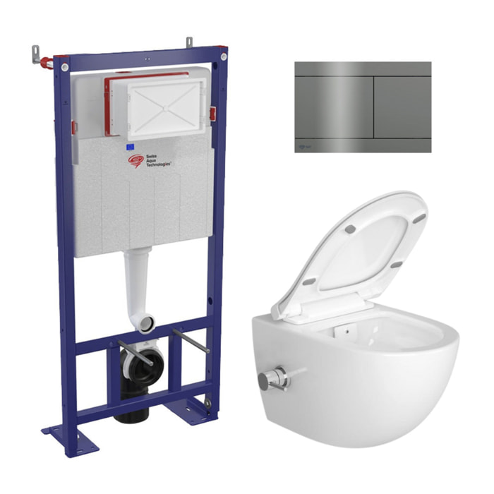 Pack WC bâti-autoportant + WC sans bride Infinitio avec bidet thermostatique + plaque en acier inoxydable, en PVD, Gun Metal