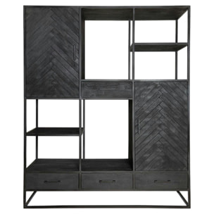 Grande bibliothèque salon noire en bois de manguier ALVERA