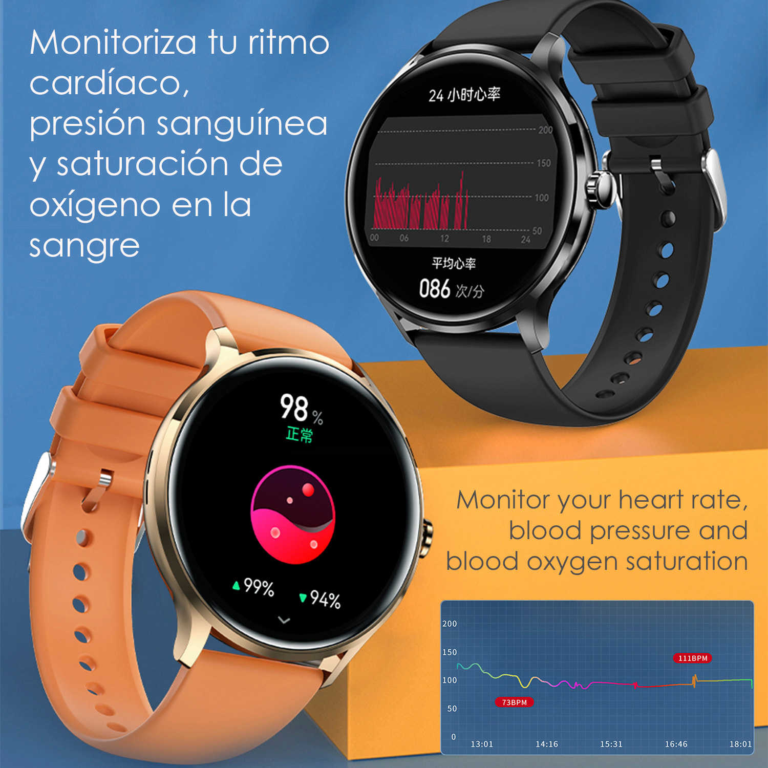 DAM Smartwatch QS80 con llamadas BT, notificaciones push. Monitor deportivo y de salud, termómetro. 4,4x1,1x3,7 Cm. Color: Naranja