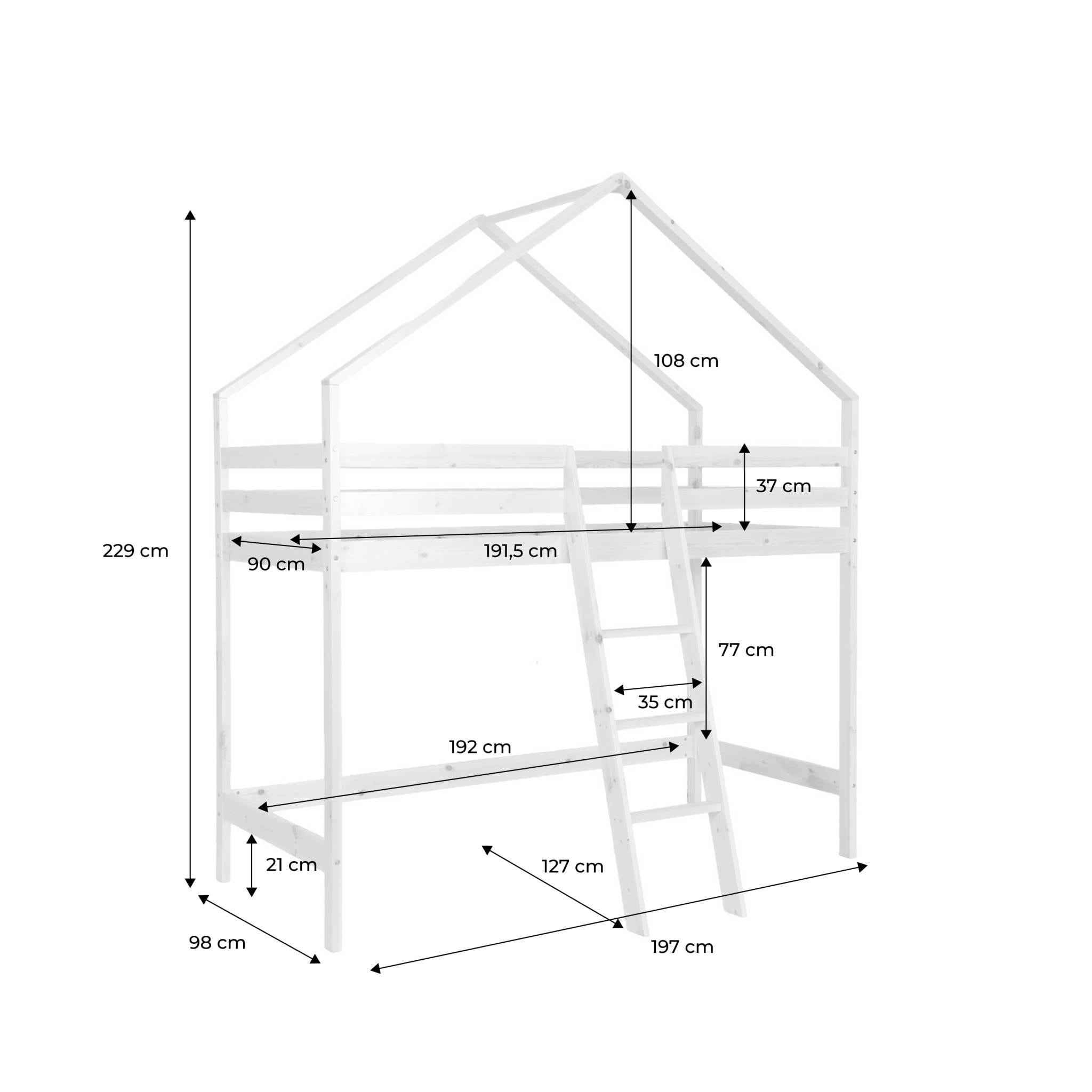 Lit enfant mezzanine cabane 90 x 190 cm pin naturel ROYA