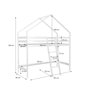 Lit enfant mezzanine cabane 90 x 190 cm pin naturel ROYA