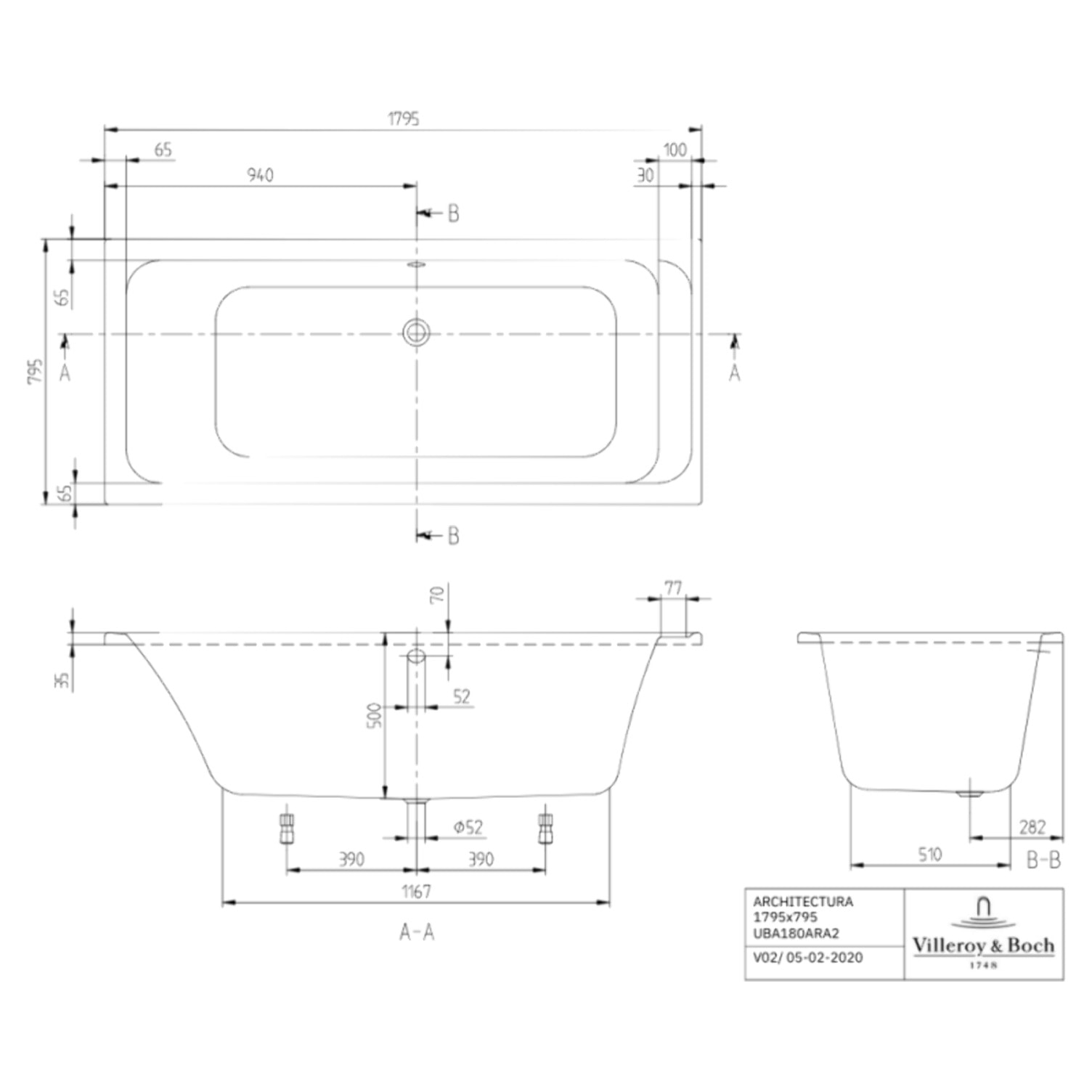 Baignoire droite VILLEROY & BOCH Architectura acrylique 180 x 80 cm  + Pare bain gauche AURYS Raywall Noir mat