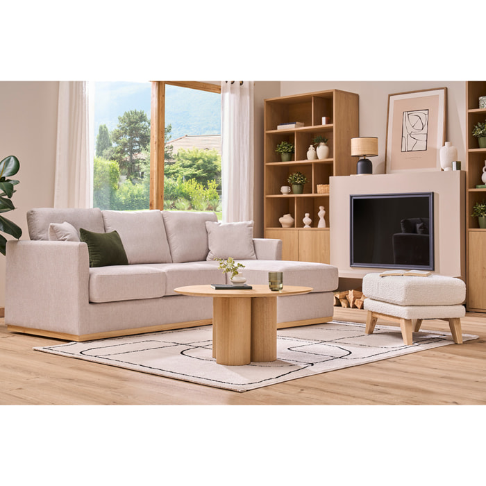 Pouf repose-pieds déhoussable scandinave en tissu effet laine bouclée blanc cassé et bois clair OSLO